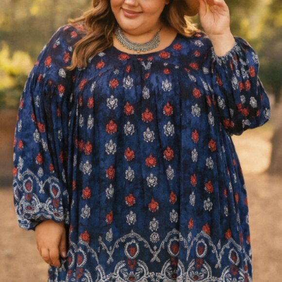 Boho Print Baby Doll Peasant Tunic Dress - Picture 1 of 4